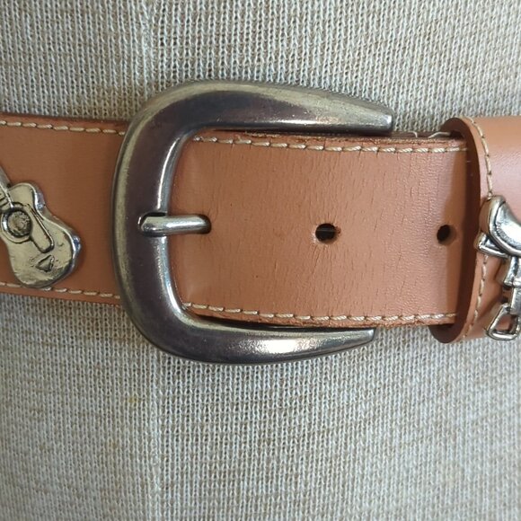 Vtg Prima Collezione By Leather Shop Western Belt Saddle Star & Guitar Size M-lp - Picture 4 of 12
